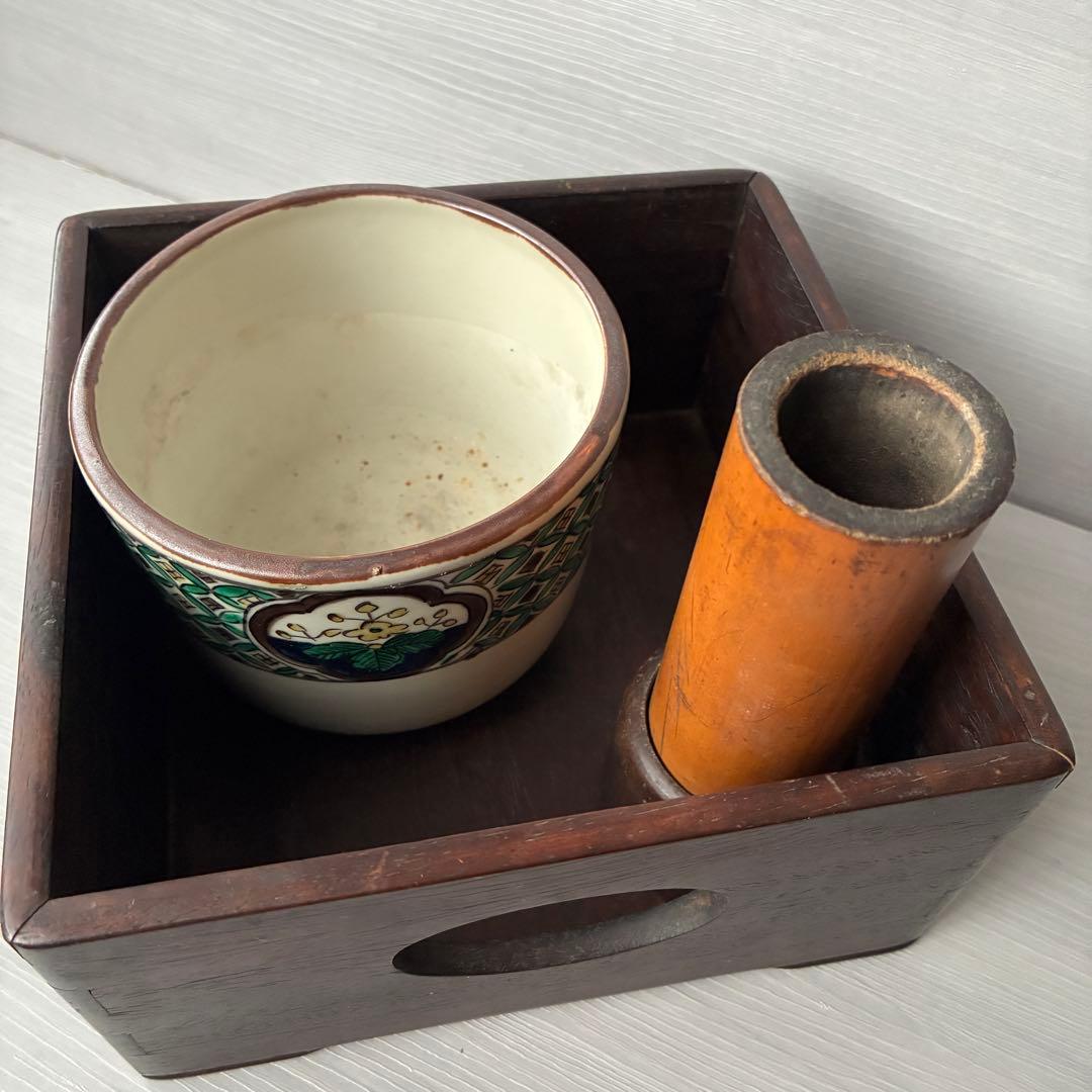 九谷焼　陶器　角福　煙草盆　茶道具　青手　灰入れ　竹灰吹　木箱　年代物　古道具