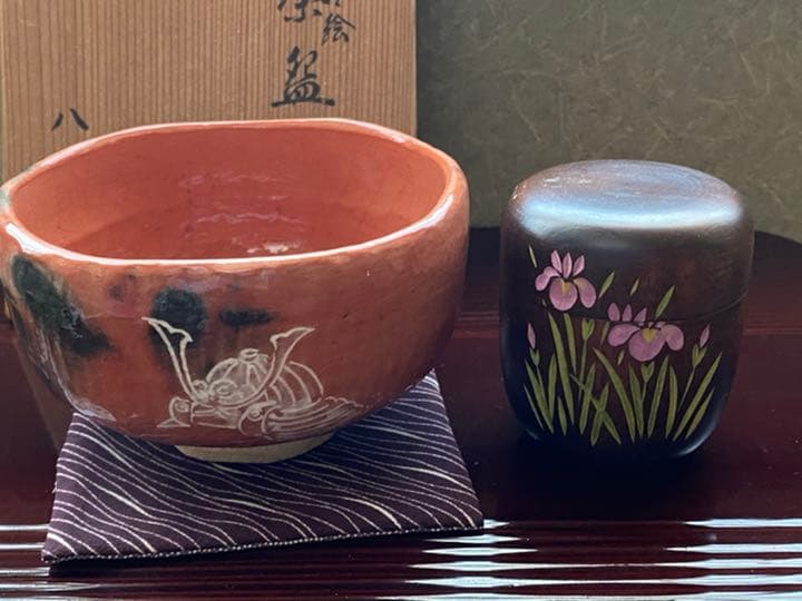 赤楽　兜抹茶椀➕花菖蒲の棗(木地)